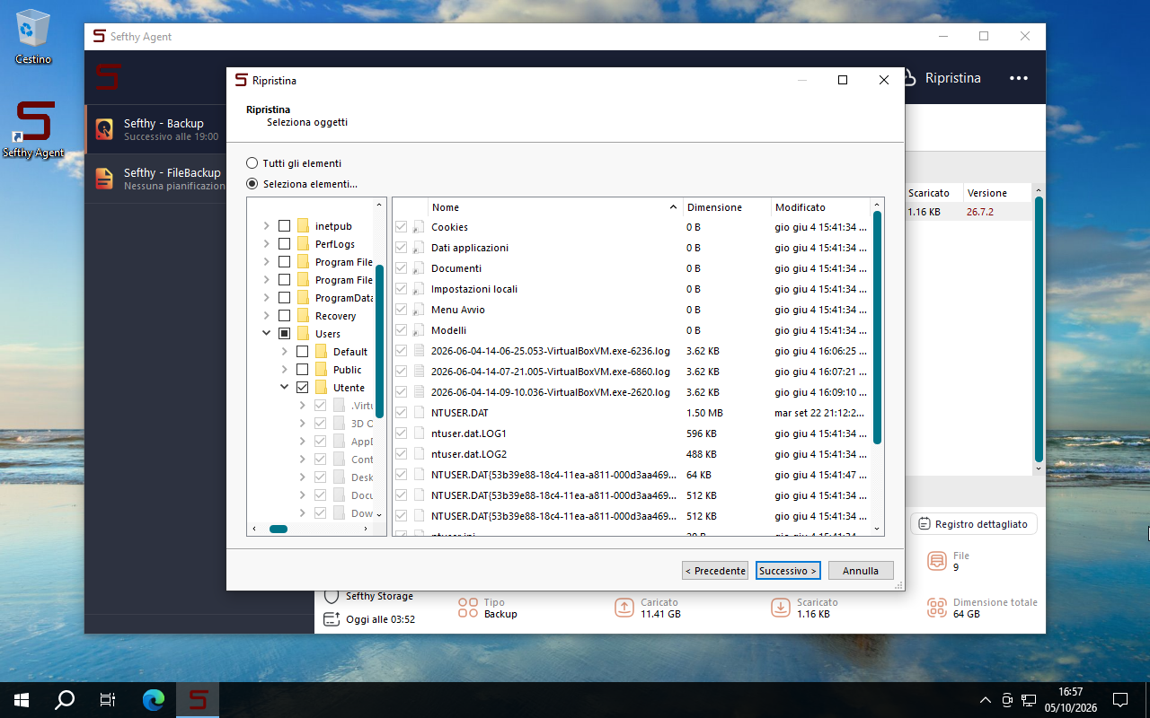 Albero delle cartelle del backup con la cartella Utente selezionata